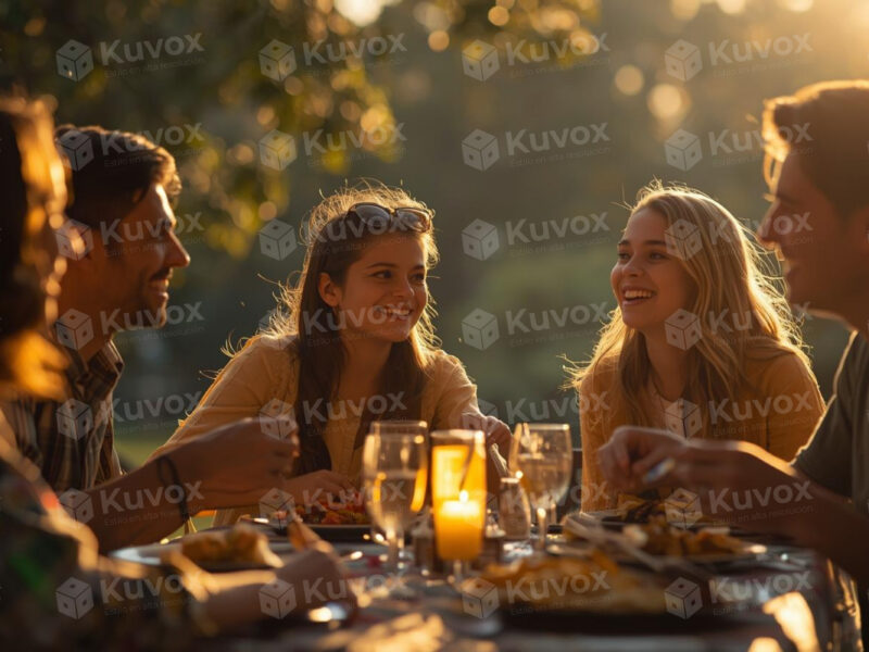 Amigos compartiendo cena al atardecer