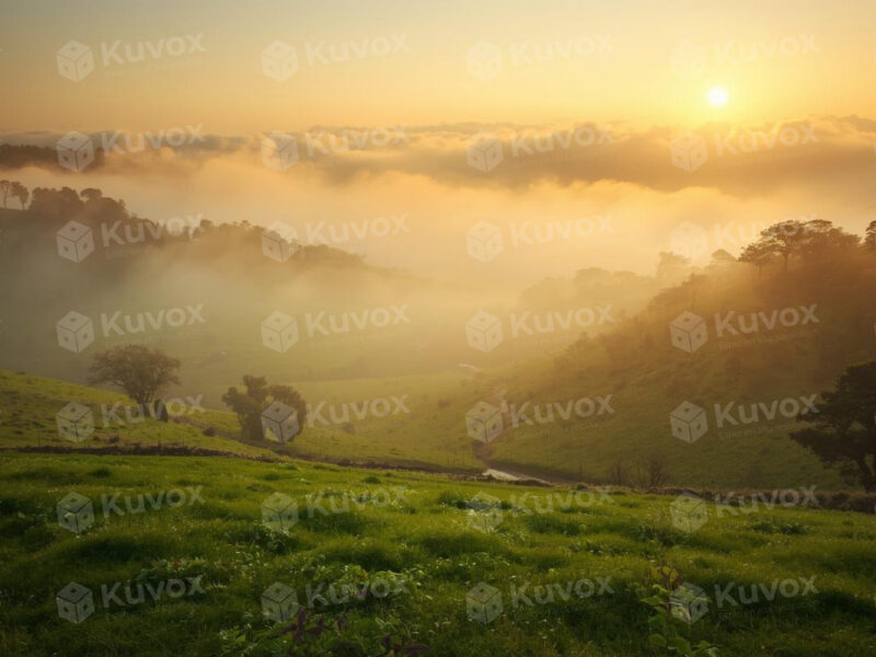 Pradera con niebla matinal